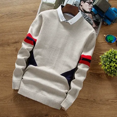 秋冬季新款假两件毛衣男士衬衫领韩版潮流休闲修身针织打底衫男装商品大图