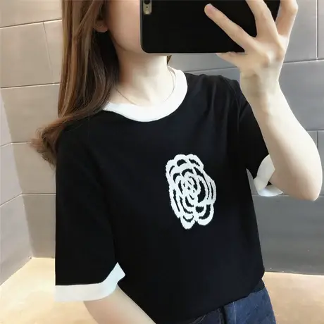 冰丝短袖T恤女2023年夏季新款圆领针织打底衫宽松显瘦半袖上衣ins商品大图