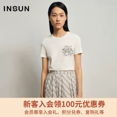 恩裳夏季通勤时尚舒适亲肤棉质口袋绣花白色短袖T恤女图片