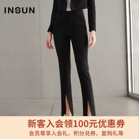 恩裳春季时尚侧面条纹修身显瘦弹力开叉长裤直筒休闲裤女图片