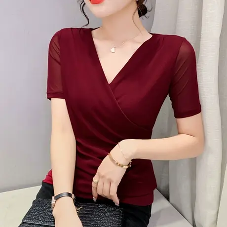 欧货交叉V领T恤女短袖2023新款性感网纱打底小衫气质百搭纯色上衣商品大图