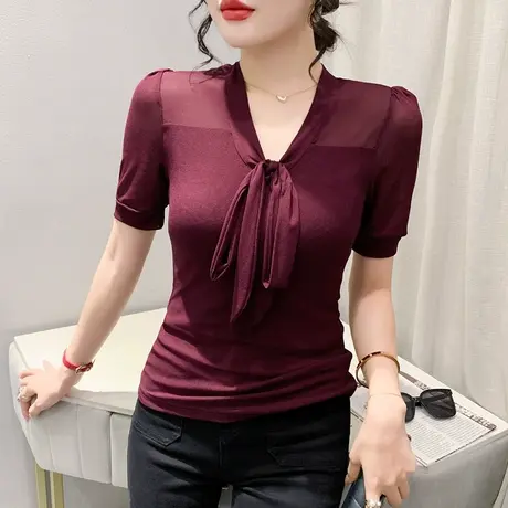 复古法式T恤女短袖2023夏季新款性感V领网纱上衣纯色百搭修身小衫商品大图