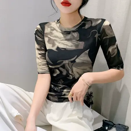 时尚网纱印花T恤女中袖2023新款设计感小众晕染上衣修身圆领小衫商品大图