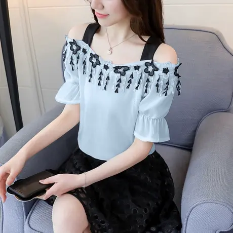 夏季新款韩版百搭吊带一字肩露肩流苏上衣短袖宽松遮肚子雪纺衫女图片