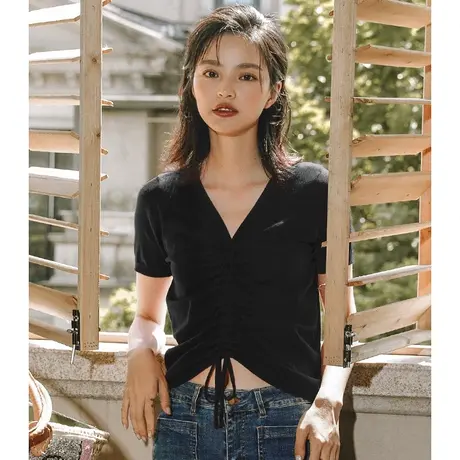 弥古V领黑色针织不规则正肩t恤女夏法式复古短袖抽绳上衣短款打底图片