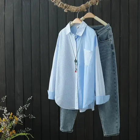 蓝色条纹衬衫外套女装春秋季设计感小众衬衣2022新款别致长袖上衣图片
