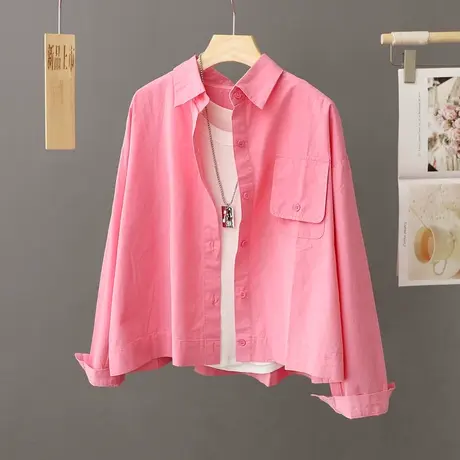 小个子短款玫红色衬衫外套女春秋季2023年新款外搭衬衣打底衫上衣商品大图