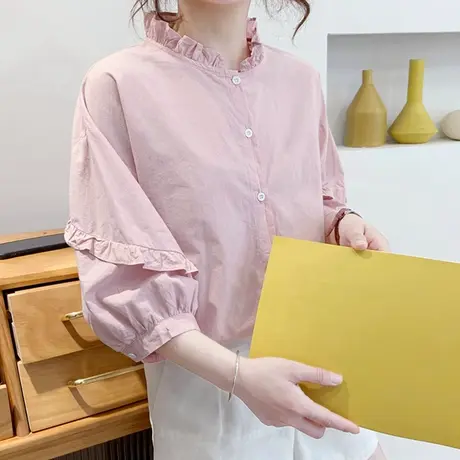 灯笼袖上衣女立领花边衬衫衬衣夏季薄款外穿七分袖韩版文艺娃娃衫图片