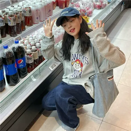 红续美式复古姜黄色连帽卫衣女小个子女生韩版卡通外套港味ins潮图片