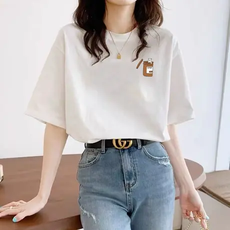 白色纯棉短袖t恤女2023夏季新款时尚印花宽松百搭半袖设计感上衣图片