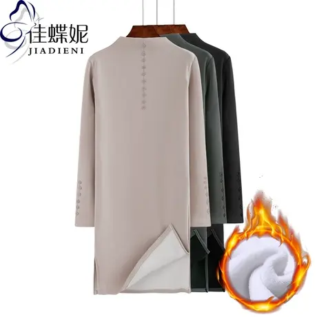 冬季保暖新韩版修身半高领打底连衣裙长袖加绒加厚开叉中长款女装商品大图