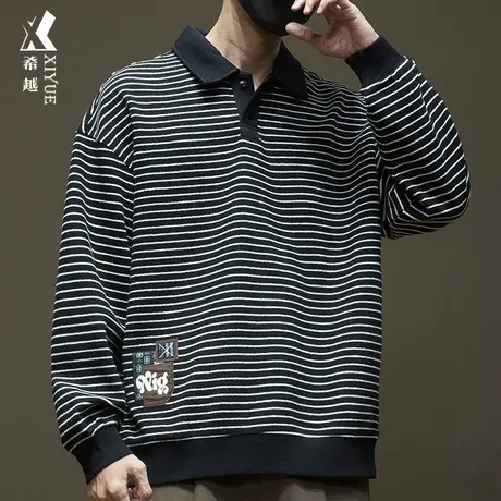 希越肌理感POLO领卫衣男秋季简约条纹套头打底衫宽松大码胖子男装图片