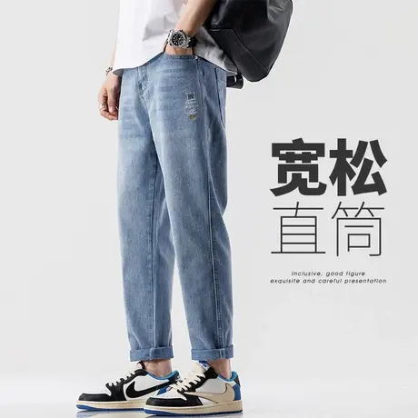 夏季男裤日系港风浅色九分牛仔裤男士直筒宽松休闲裤子秋季春秋款商品大图
