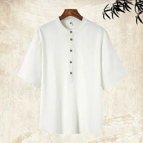 中国风亚麻衬衫男士半中袖中国风夏季薄款男装上衣服t恤短袖大码图片