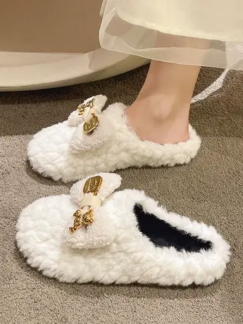 欧货毛毛拖鞋女外穿法式慵懒风2023年秋冬新款包头蝴蝶结穆勒棉拖商品大图