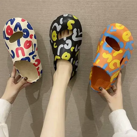 洞洞鞋女夏季时尚网红外穿涂鸦字母厚底防滑情侣沙滩鞋包头凉拖鞋商品大图