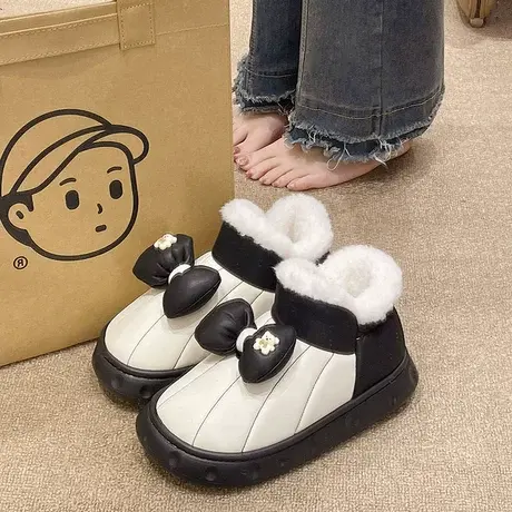 厚底棉拖鞋女冬季可外穿室内加绒保暖可爱蝴蝶结防水高帮包跟棉鞋图片