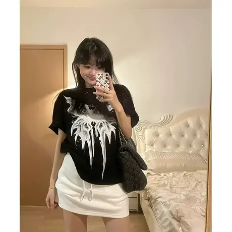 美式设计感印花短袖T恤女装夏季大码胖mm宽松显瘦高街上衣2-300斤商品大图