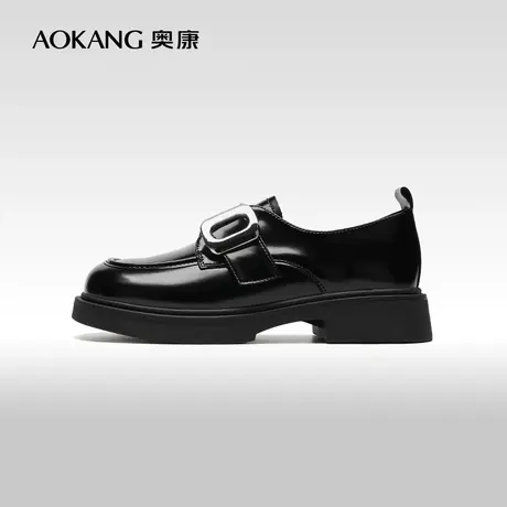 【门店发货】奥康女鞋 2024春季新款复古百搭黑色小皮鞋乐福鞋潮图片