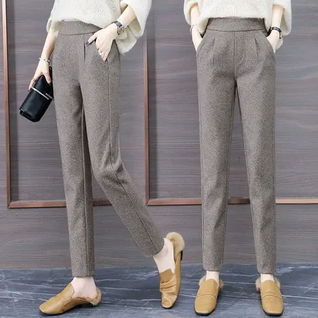 毛呢哈伦裤女加绒加厚宽松萝卜裤2023秋冬新款韩版显瘦小脚休闲裤商品大图