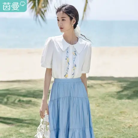 茵曼文艺清新衬衣2023夏女装新款娃娃领泡泡袖花朵刺绣牙签褶上衣图片