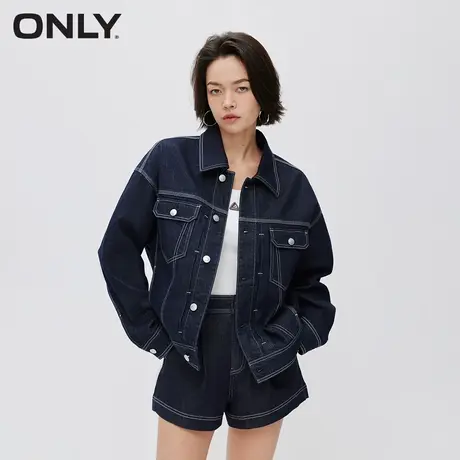 ONLY2023冬季新款撞色翻领落肩宽松牛仔短款外套女|123354003商品大图