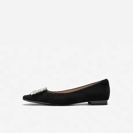 Nine West/玖熙2023年冬季新款低跟单鞋女钻扣方头绒面通勤平底鞋图片