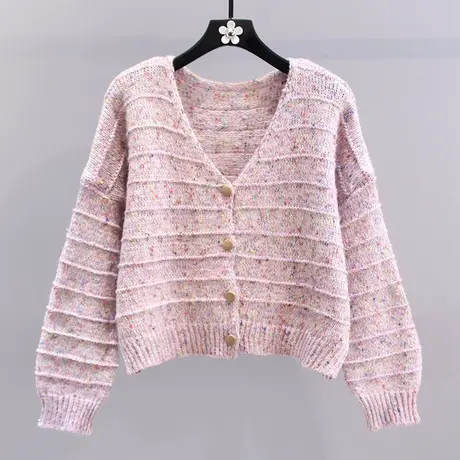 小香风V领毛衣外套女秋冬2023年新款宽松慵懒风外搭短款针织开衫图片