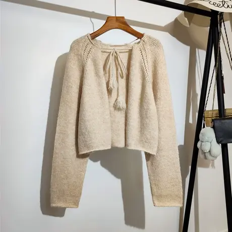 系带针织开衫女秋冬新款韩系宽松设计感小众时尚百搭披肩毛衣外套商品大图