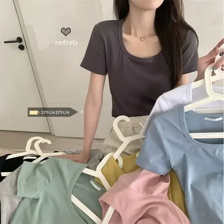 短袖t恤女短款露脐上衣2023年夏季新款高腰修身显瘦体恤紧身ins潮商品大图