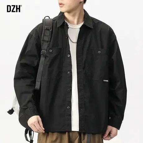 男士黑色长袖衬衫男痞帅高级感2023新款秋季休闲上衣纯棉衬衣外套商品大图