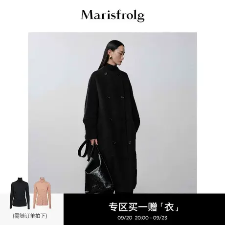 【艺术时装大衣】玛丝菲尔2023年秋季新款黑色双排扣茧型毛呢大衣商品大图