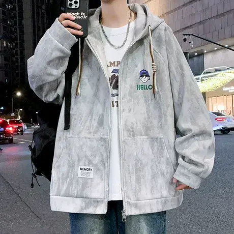 休闲风卫衣男春秋款连帽衣服男青少年春装重磅厚实开衫拉链外套男商品大图