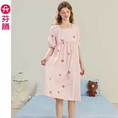 芬腾睡裙女夏季短袖薄款睡衣裙女款可爱布朗熊甜美大码家居服中裙图片