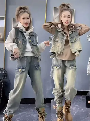 牛仔套装2023新款秋季女装休闲时尚欧货马甲束脚牛仔裤运动两件套商品大图