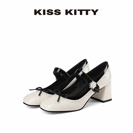 KISSKITTY方头玛丽珍鞋女夏季新款蝴蝶结粗跟浅口单鞋配裙子女鞋图片