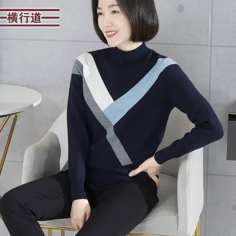 半高领宽松长袖毛衣撞色韩版中年妈妈休闲女衣2023新款冬装针织衫商品大图