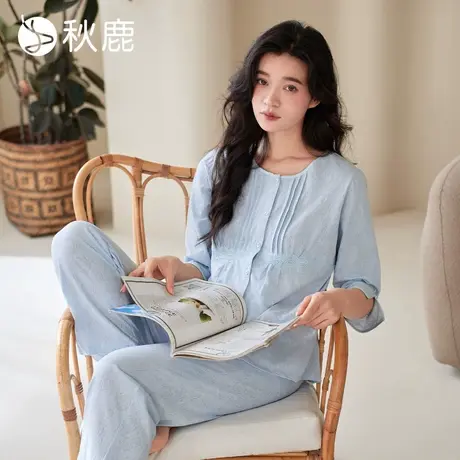 秋鹿【牡丹花】针织提花棉睡衣女春夏蝴蝶结七分袖蓝色家居服套装商品大图