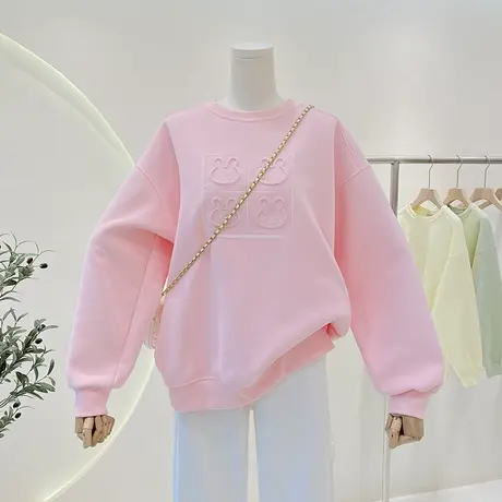 圆领卫衣女春秋新款宽松慵懒风植绒小兔子减龄休闲套头衫上衣外套商品大图