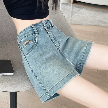 蓝色牛仔短裤女2025夏季薄款高腰显瘦百搭复古小个子a字阔腿热裤图片