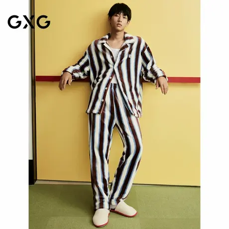 GXG男士家居套装 米白蓝咖竖条纹短毛绒家居服可外穿商品大图