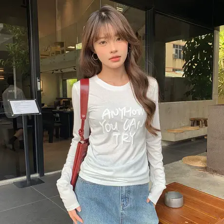 尔给纯色印花长袖T恤女修身显瘦圆领上衣商品大图