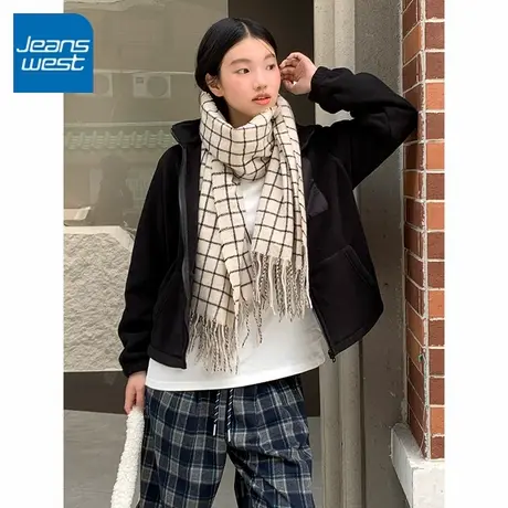 KV真维斯黑色立领外套女冬季加绒加厚休闲百搭设计感美式拉链上衣商品大图