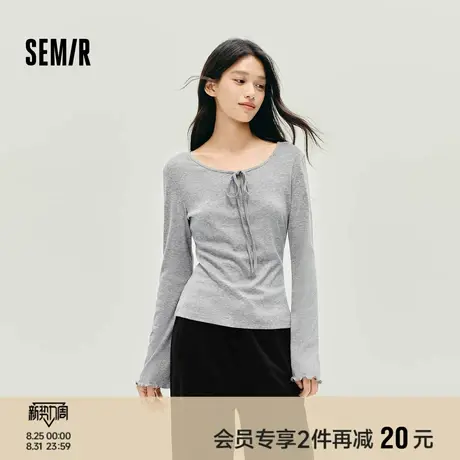 森马长袖T恤女秋季两面穿U领木耳边蝴蝶结修身2025新款小性感上衣商品大图