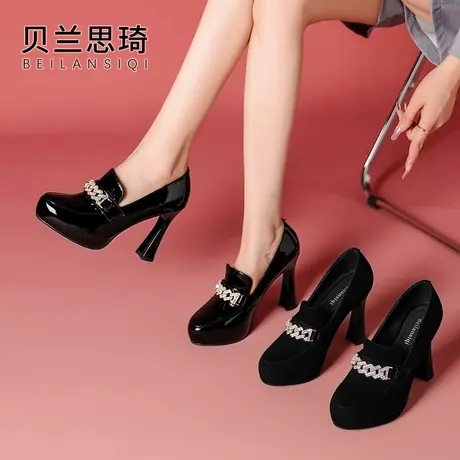 真皮水钻圆头中口粗跟单鞋女2025秋季新款法式百搭防水台高跟鞋商品大图