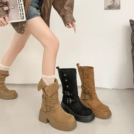 复古厚底短靴女2025秋季新款网红爆款马丁靴增高小个子百搭骑士靴商品大图