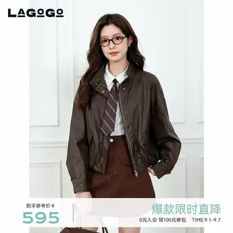 LAGOGO全棉PU帅气复古机车外套女拉谷谷2025秋新款夹克OCWW538A41商品大图