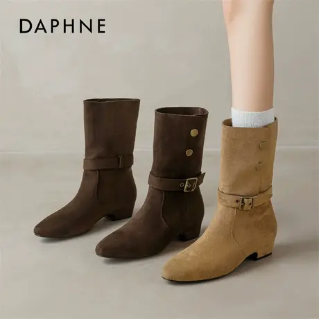 达芙妮加绒美拉德短靴女冬季2025新款尖头复古瘦瘦靴保暖雪地靴图片