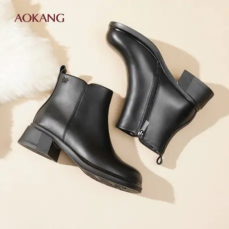 奥康 女鞋秋冬季新款加绒保暖真皮粗跟短靴侧拉链瘦瘦靴切尔西靴L图片