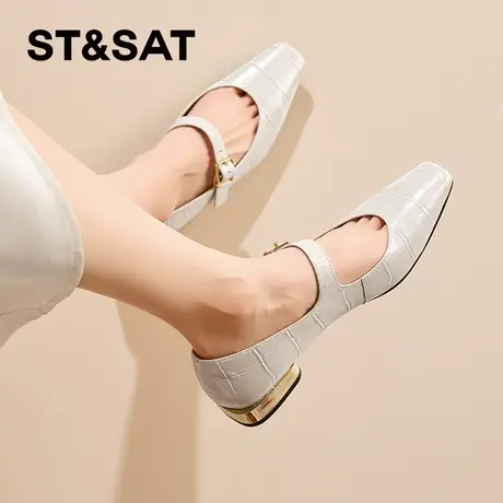 星期六方头浅口低跟气质玛丽珍鞋女2026春季新款牛皮真皮通勤单鞋图片